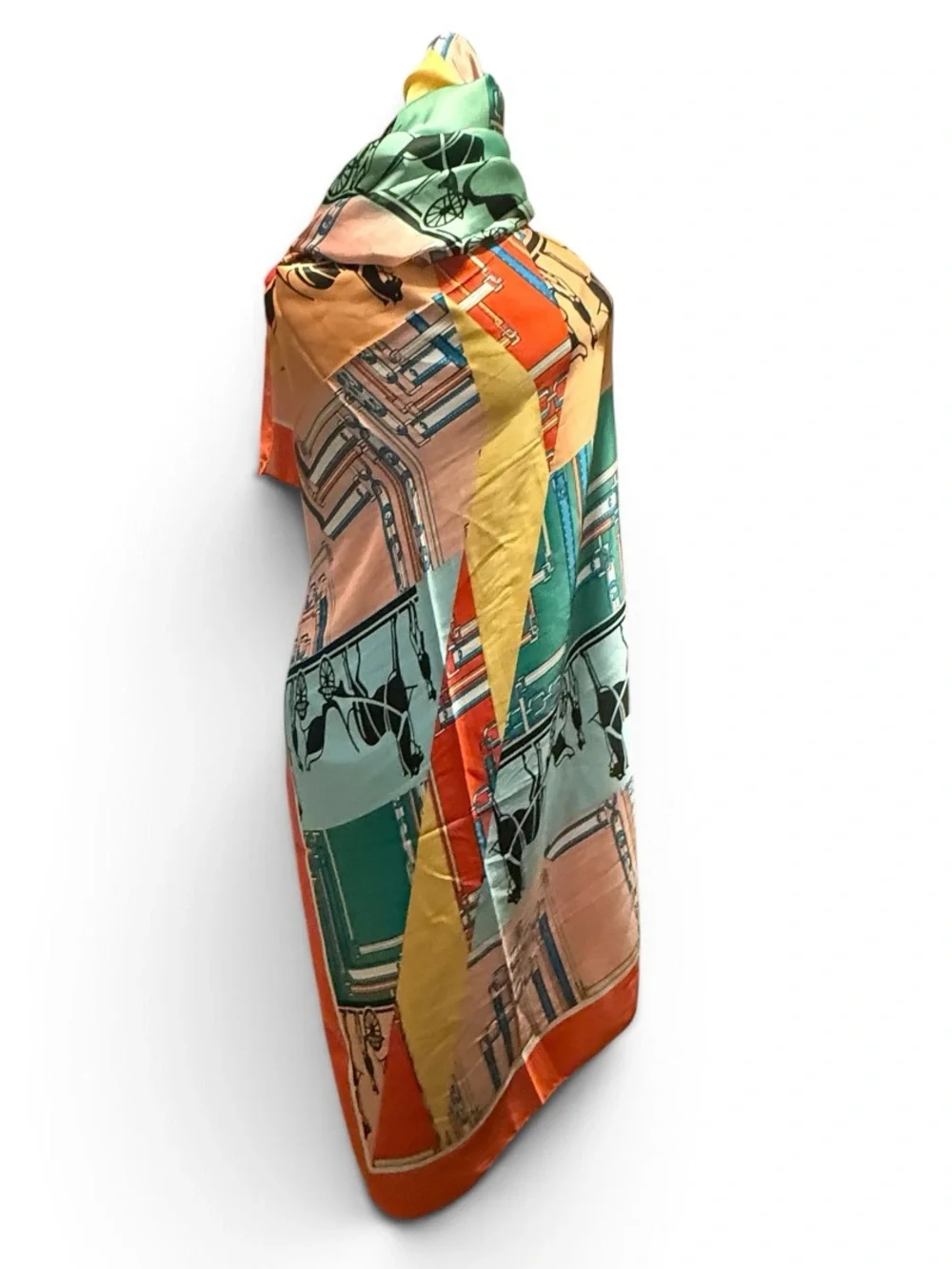 Luxury 100% silk long scarf, wrap Multicolor Patterned horse-carriage new